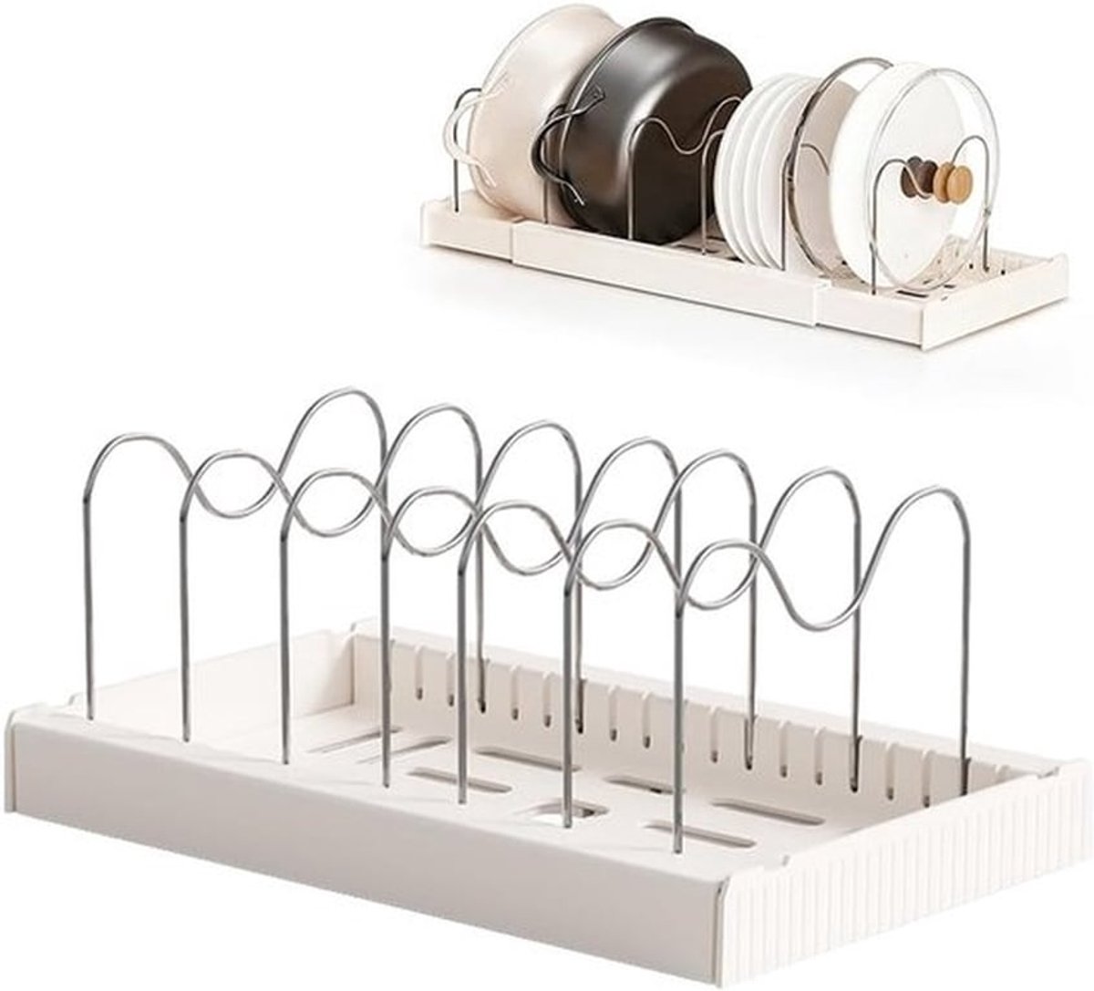 Uitbreidbare dekselhouder met 7 verstelbare scheidingswanden voor optimale pannenopslag, 30-56 cm, keukenkast organizer, ruimtebesparend en praktisch opslagrek voor pannen en deksels