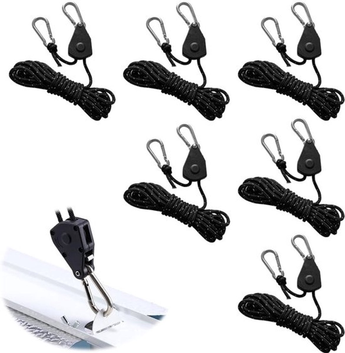 Set van 6 Reflecterende Touwtjes met Haakjes, Verstelbare Touwratel voor Tent en Outdoor Activiteiten, Ideaal voor Kamperen en Zeilen