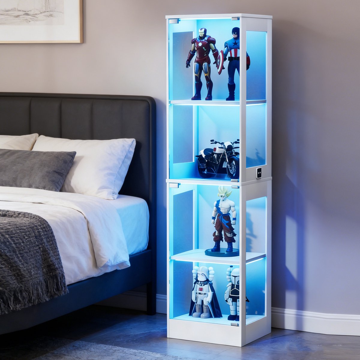 REDOM - Vitrinekast - Glasdeuren en LED-verlichting - Bewegingssensor - Dichte kast - Designstijl - Woonkamer, slaapkamer en kantoor - MDF en glas - Wit - 40 x 35 x 165 cm