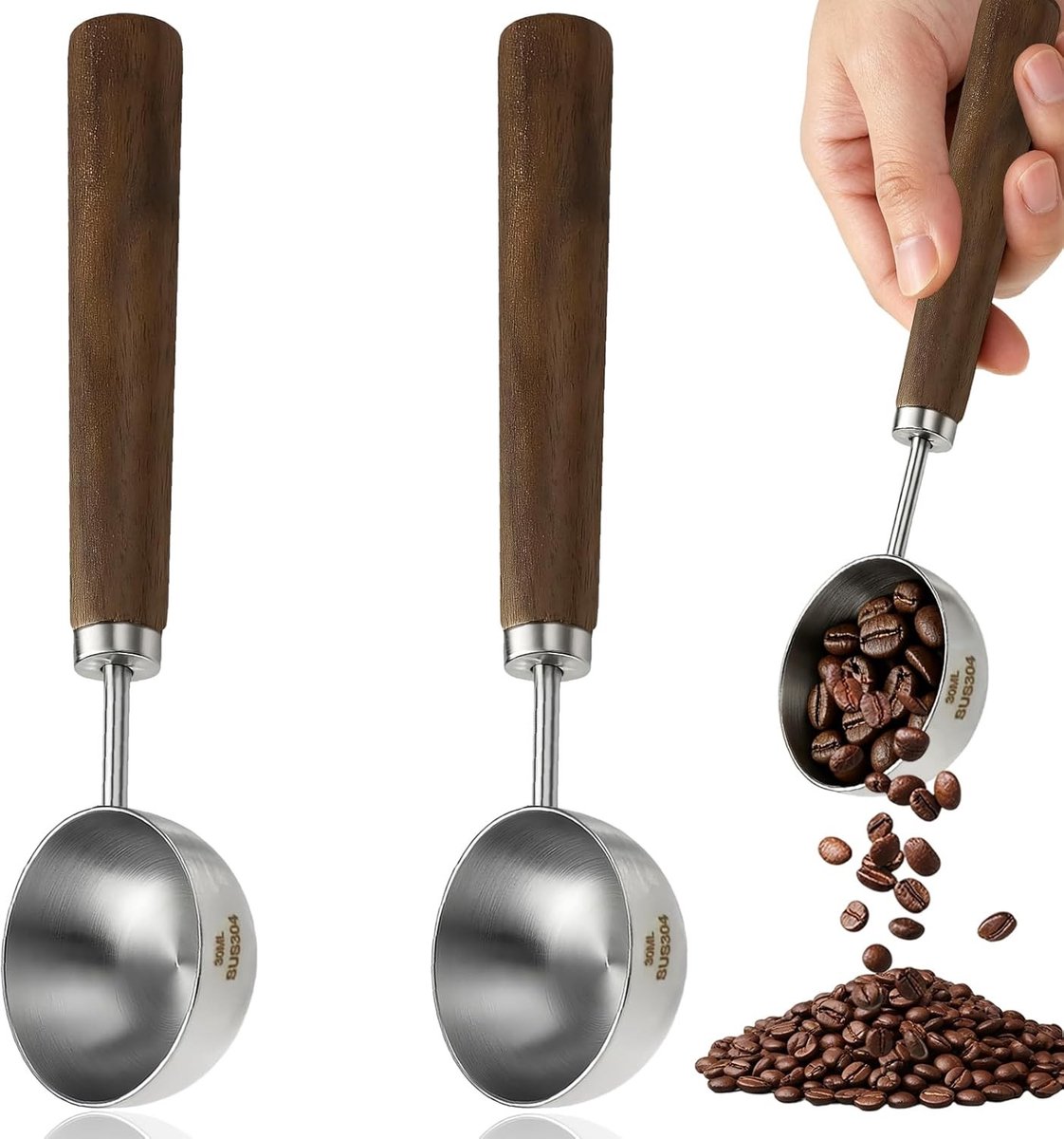 2 Stuks Retro Koffielepels van Roestvrij Staal met Walnoothouten Handvat, Ideaal voor Koffie, Thee en Specerijen, Vintage Koffielepel voor Perfecte Porties