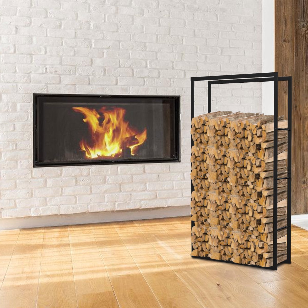 Brandhoutrek haardhoutrek van zwart metaal, 150 x 80 x 25 cm, draagvermogen 150 kg, geventileerde houtopslag met antislipvoeten
