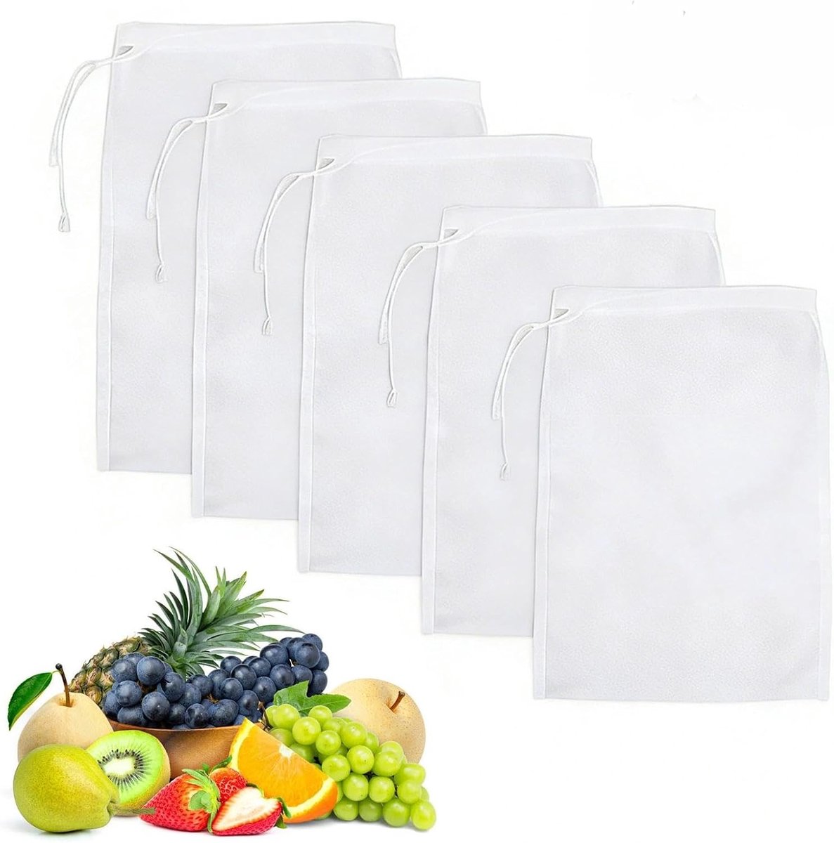 SnelShoppen - Pack van 5 Herbruikbare Filtreer Beutels - Ultra-Fijn Gaasfilter voor Sojamelk, Fruitsap, Groentesap, Wijnresten - Voor Afzeven en Voeds