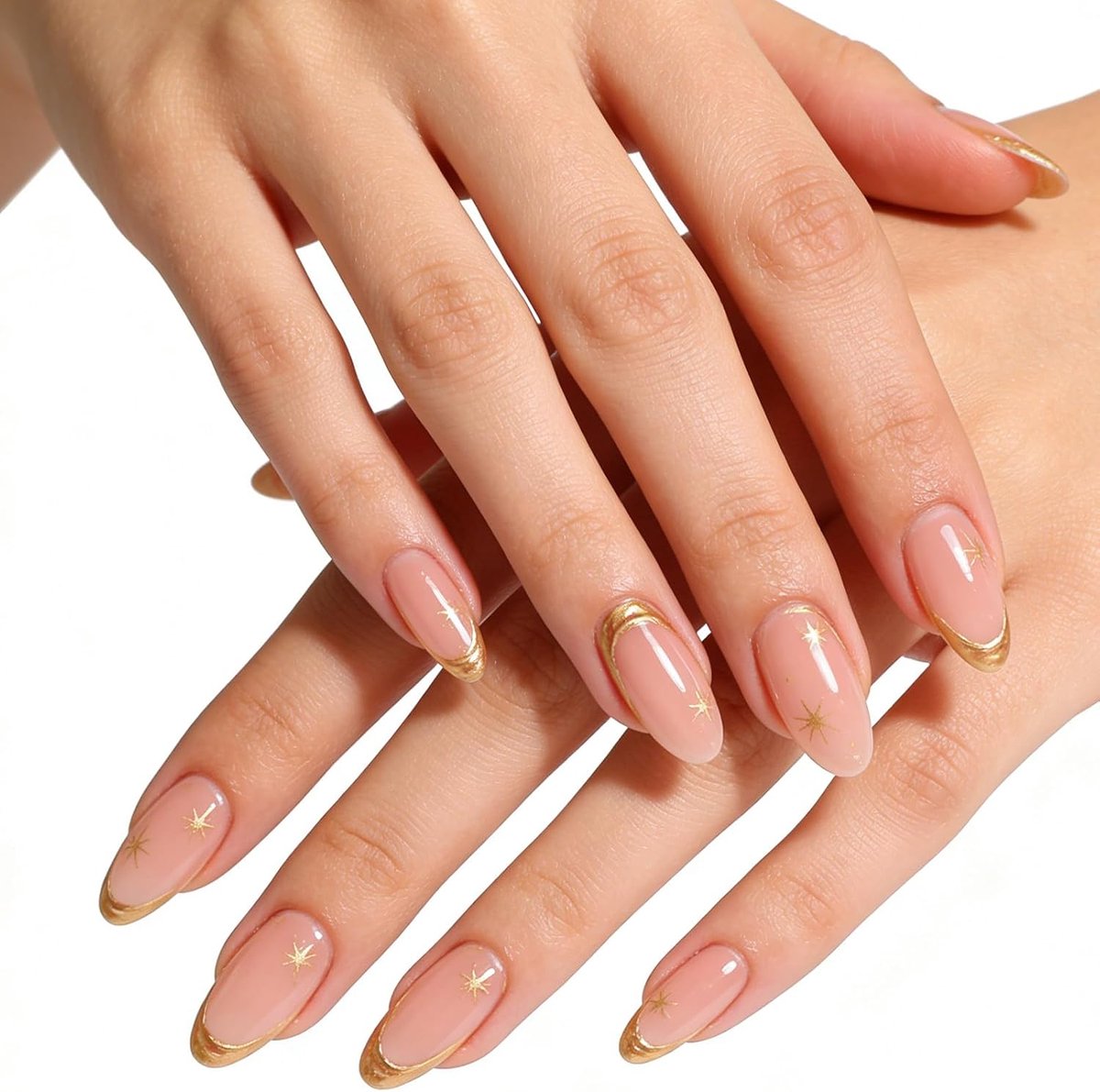 SnelShoppen - 24 stuks Amandelvormige Kunstnagels met Gouden Lijnen, Herbruikbare Glanzende Acryl Plaknagels voor Feest en Dagelijks Gebruik