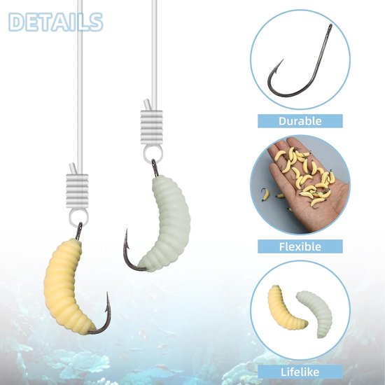 SnelShoppen - 60 Stuks Rubber Maden Vislures met Haken - 30 Normale + 30 Luminous Gloormaden, 22mm Forel, Blauwvin, Karper en Zoetwatervissen, Zachte van Snelshoppen — afbeelding 2