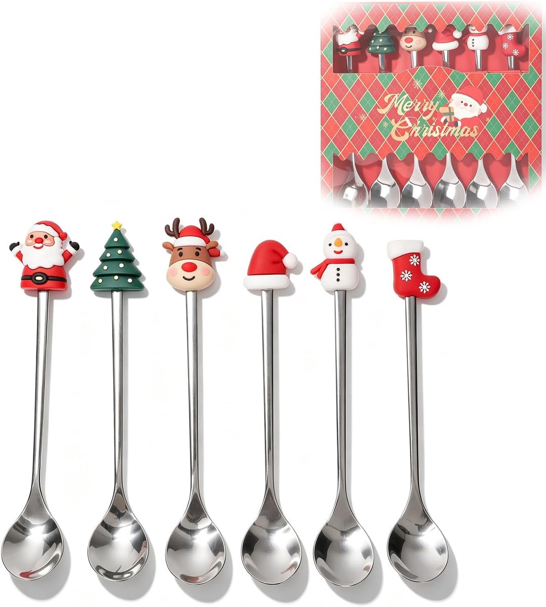 6-delige kerstlepelset, roestvrijstalen theelepels dessert koffielepel kerst decoratieve roerlepel ijslepel creatief - ShopVlot