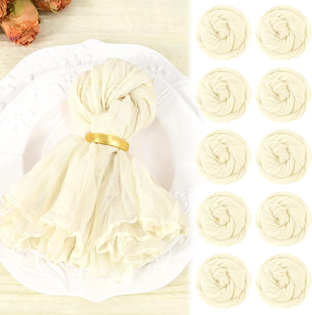 SnelShoppen - 10 Stuks Beige Cheesecloth Servetten 20"x20" Boho Wasbare Stoffen Servetten Set van 10 Gekreukte Kaasdoek Servetten voor Diner Tafel Tro