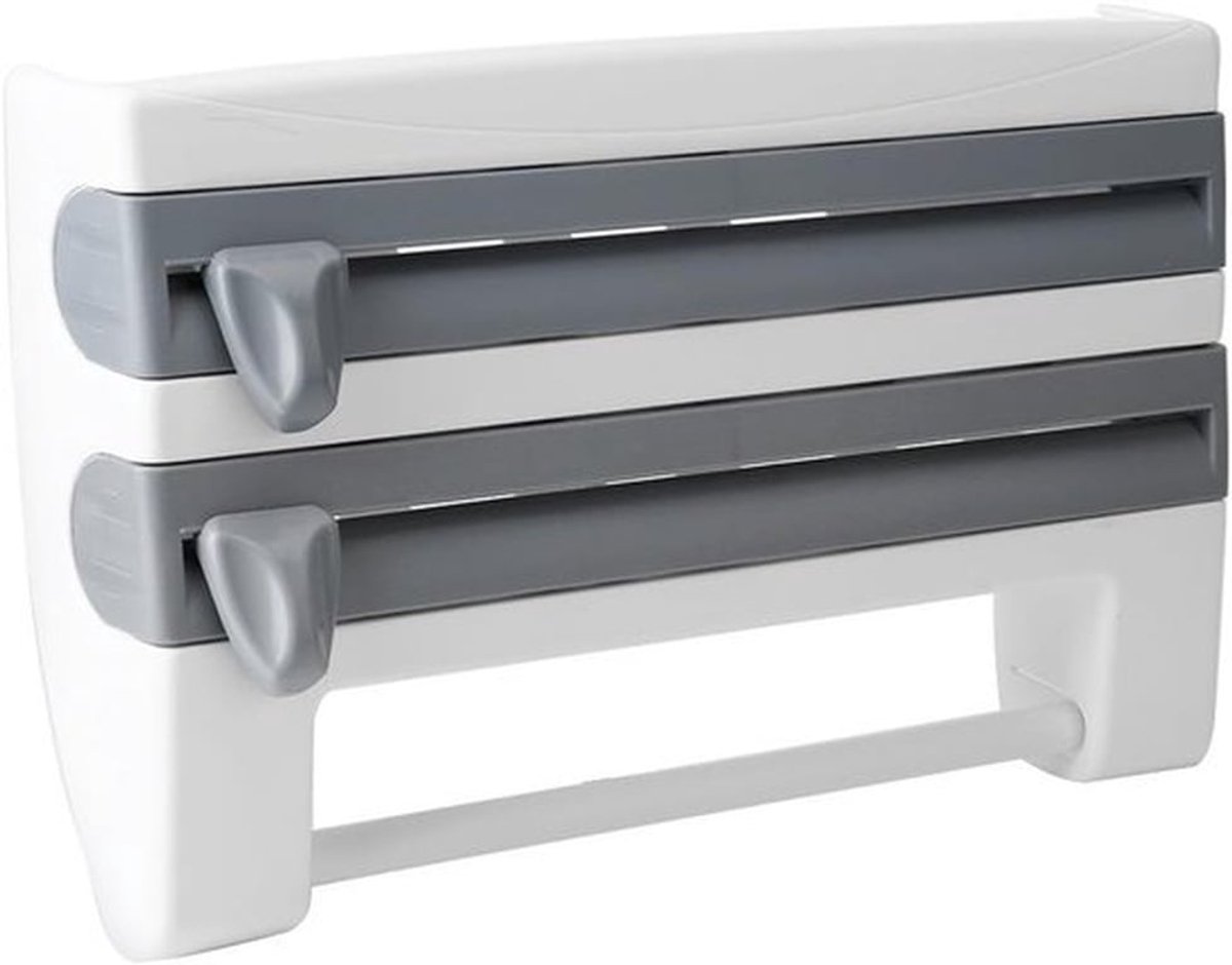 Ergonomische wandhouder voor vershoudfolie met snijmechanisme, ideaal voor keukenopslag en organisatie, 39 x 10 x 24 cm (grijs)
