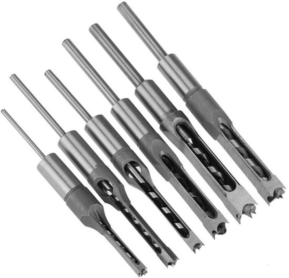 6-delige vierkante boorbits set voor houtbewerking, inclusief mortise chisel, maten 6.35-16mm, ideaal voor timmerwerk en DIY-projecten