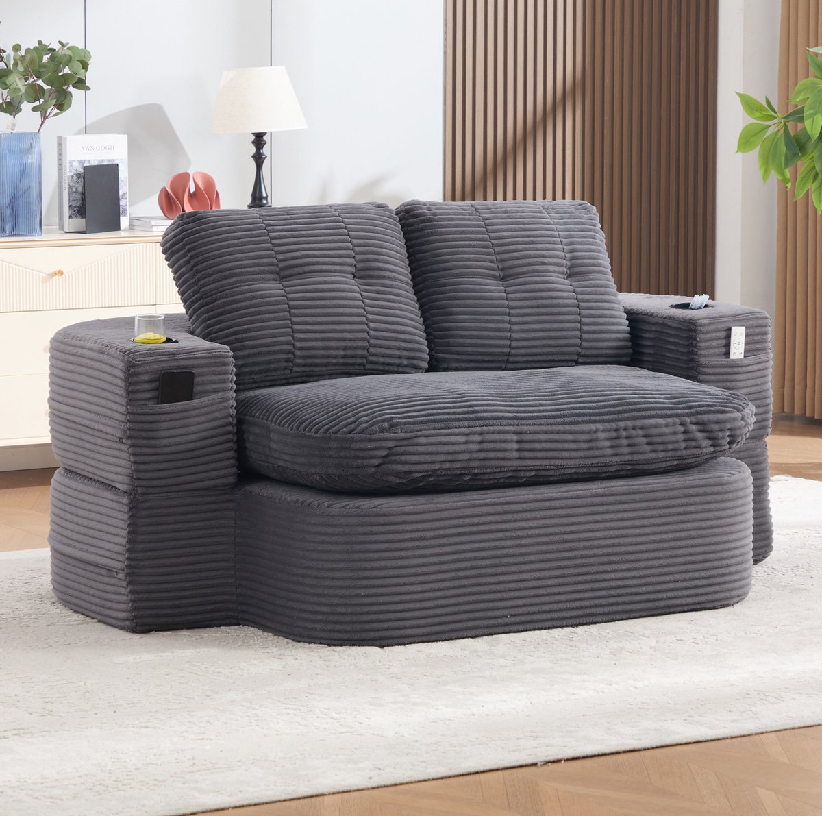 MIVRAY Slaapbank 165 Cm - 2-In-1 Met Ligfunctie, Hoge Rugleuning En 2 Bekerhouders - Voor Woonkamer En Lounge - Stof Donkergrijs