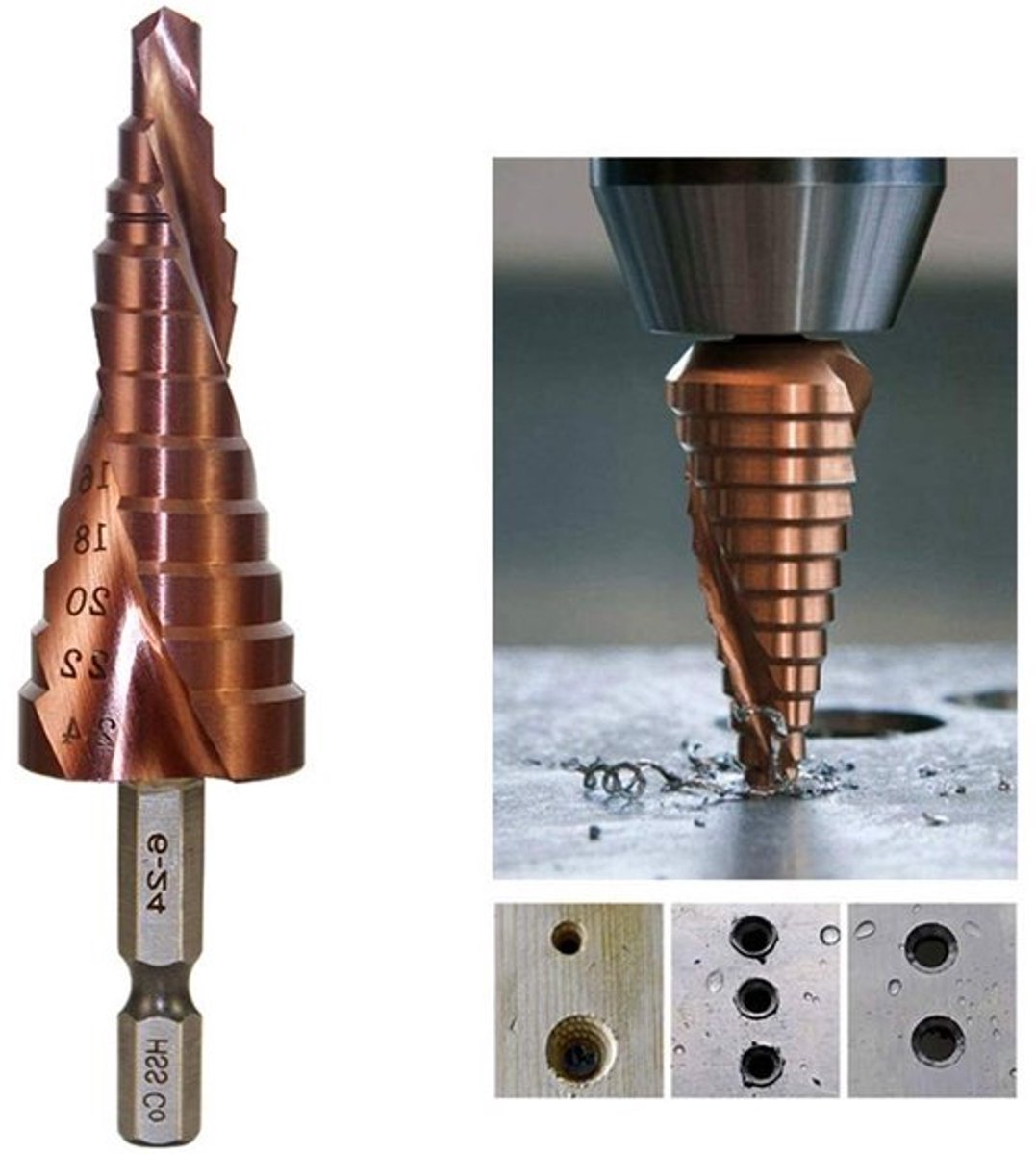 Stappenboor 6-24 mm in HSS M35 met Spiraalfluit voor RVS, Versterkt voor Grote Gaten en Verzinken