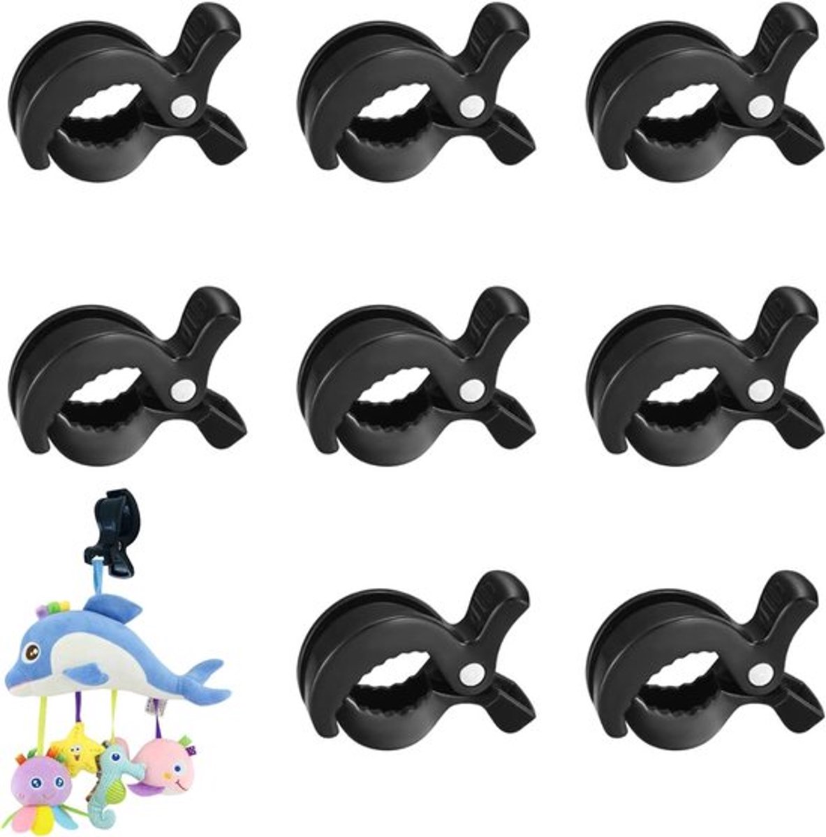 Universele Pram Klem Clips voor het Bevestigen van Speelgoed en Dekens - 8 Stuks, Geschikt voor Muslin Doeken en Kinderwagens (Zwart)