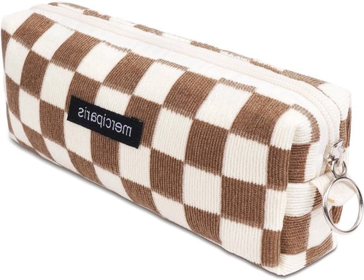 Katoenen Etui voor Potloden, Zacht en Ruim, Geschikt voor School en Kantoor, Schattig Ontwerp in Lichtbruin met Ruitpatroon