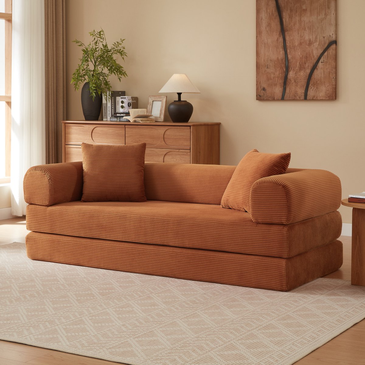 MEUNIQ slaapbank 3-zits 195 x 89 x 59 cm met slaapfunctie, velvet bekleding en koudschuim, voor woonkamer of slaapkamer, terracotta