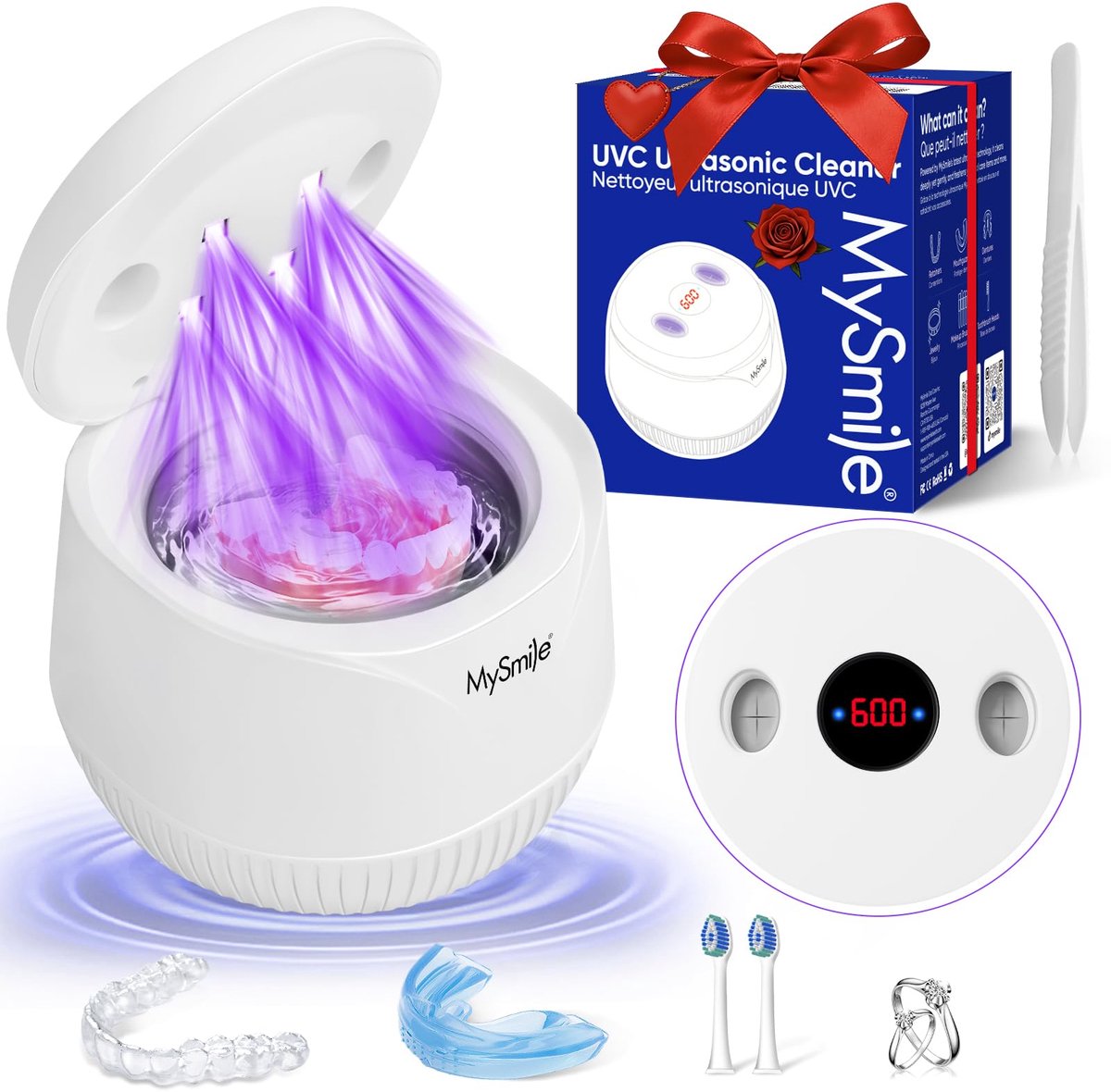 SnelShoppen - MySmile MS100 Ultrasone Beugelreiniger met UV, Digitale Timer, 600 ml, Zwart, Voor Beugels, Tanden, en Sieraden