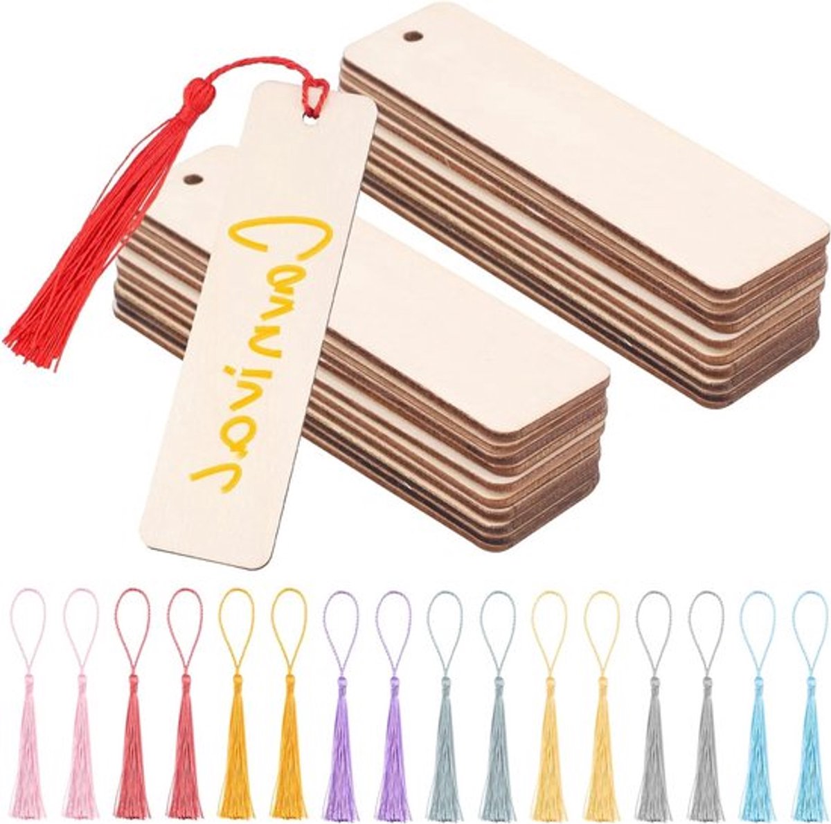 Set van 64 Houten Boekenleggers - 32 DIY Ambachtelijke Boekenleggers met 32 Kwastjes - Perfect voor Creatieve Projecten en Cadeaus