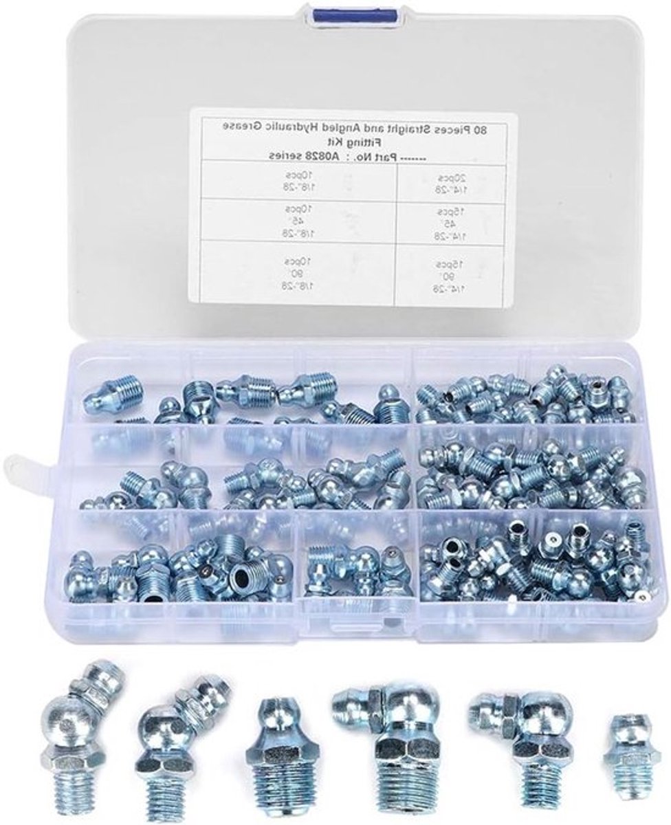 80-delige assortiment kits voor smeernippels, 45° 90° 180° 1/8in 1/4in, hydraulische zerk fitting voor slangen en buizen, ideaal voor onderhoud en reparatie