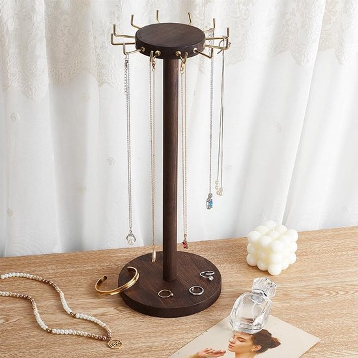 Sieradenstandaard 41 cm hoog - Houten Sieradenhouder - Ronde Tafelhouder - 12 Haken - Presentatie en Opslag van Halskettingen/Armbanden - 15,1 cm Diameter - Halskettingstandaard