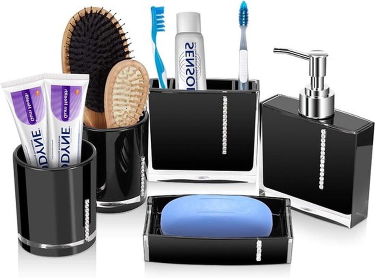 Complete Set van 5 Badkameraccessoires - Zeepdispenser, Zeepbakje, Tandenborstelhouder en Gorgelbeker voor een Stijlvolle Badkamerinrichting