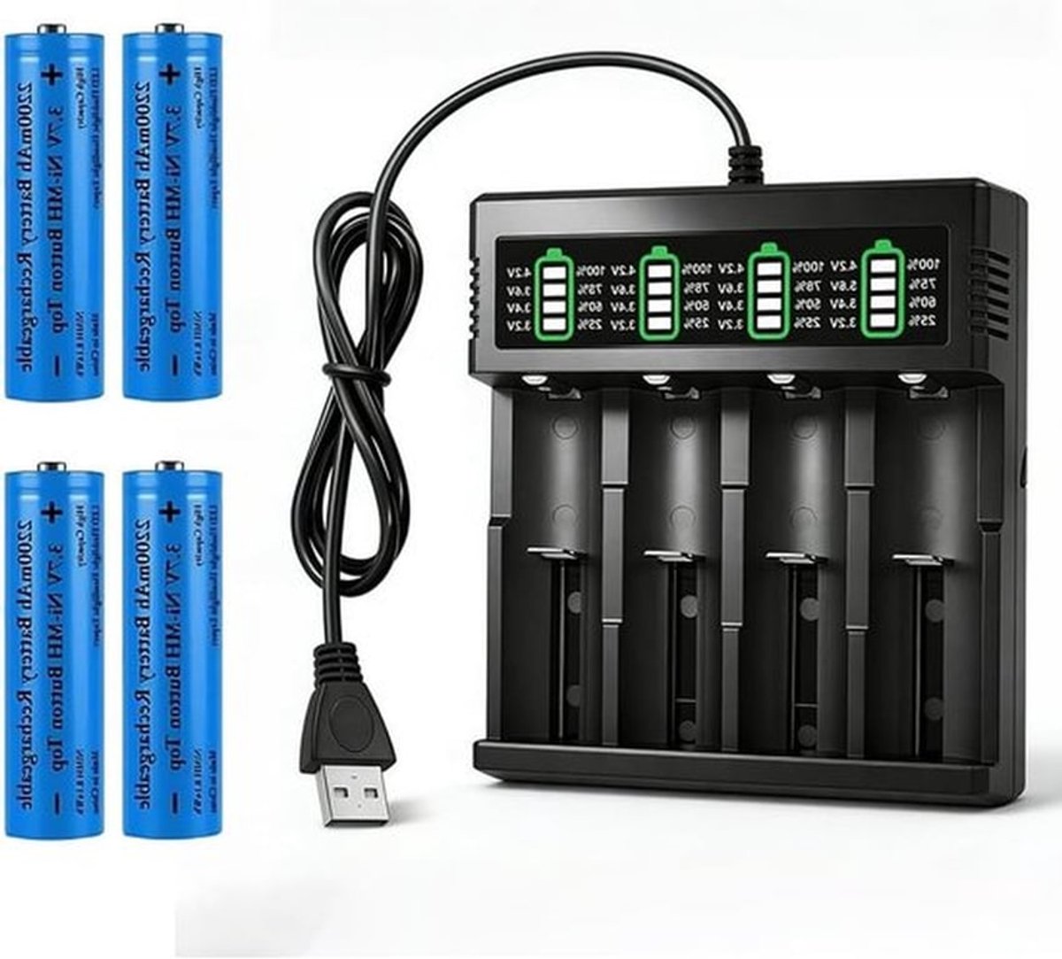 4 Stuks 3.7V Li-Ion Batterijen 2200mAh Oplaadbaar met Vierkant Oplader voor Microfoons, RC Vliegtuigen en Camera's