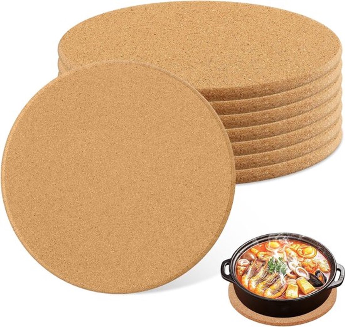 Set van 8 Ronde Kurken Onderzetters 19 cm, Warmtebestendig, Antislip en Vochtabsorberend voor Tafelgebruik, Keuken en Planten