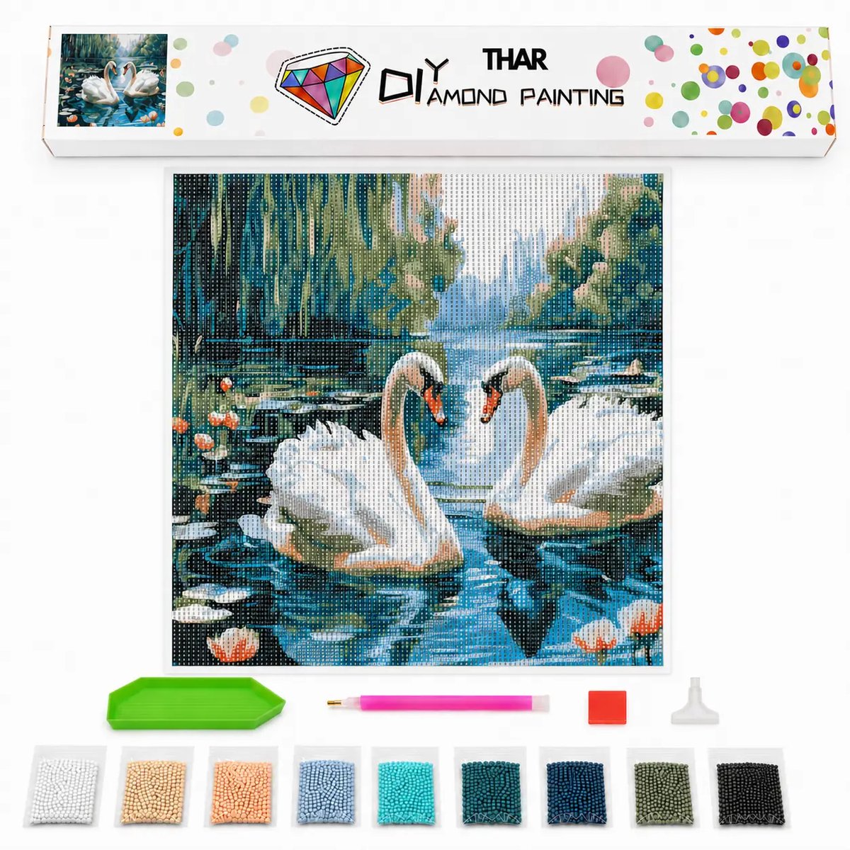 THAR Diamond Painting Zwanenpaar - 40x50 cm - Ronde Steentjes