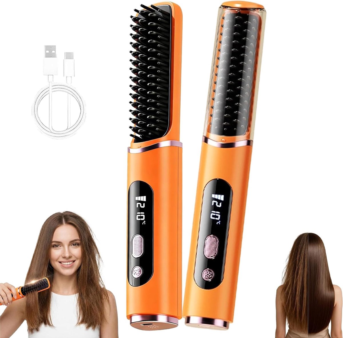 Draadloze stijltangborstel, draagbare oplaadbare stijltang met digitaal display, 5 temperatuurinstellingen en keramische anti-verbrandingscoating, 2-in-1 mini-stijltangborstel voor op reis, speciaal voor vrouwen