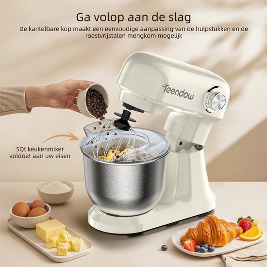 Teendow SM‑B03C Keukenmachine - 1500W Staande Mixer met 12 Snelheden - 5L RVS Kom - Kantelbare Kop - Voor Deeg Kneden, Taartbeslag en Room - Vaatwasserbestendig voor Thuisbakken van teendow — afbeelding 5