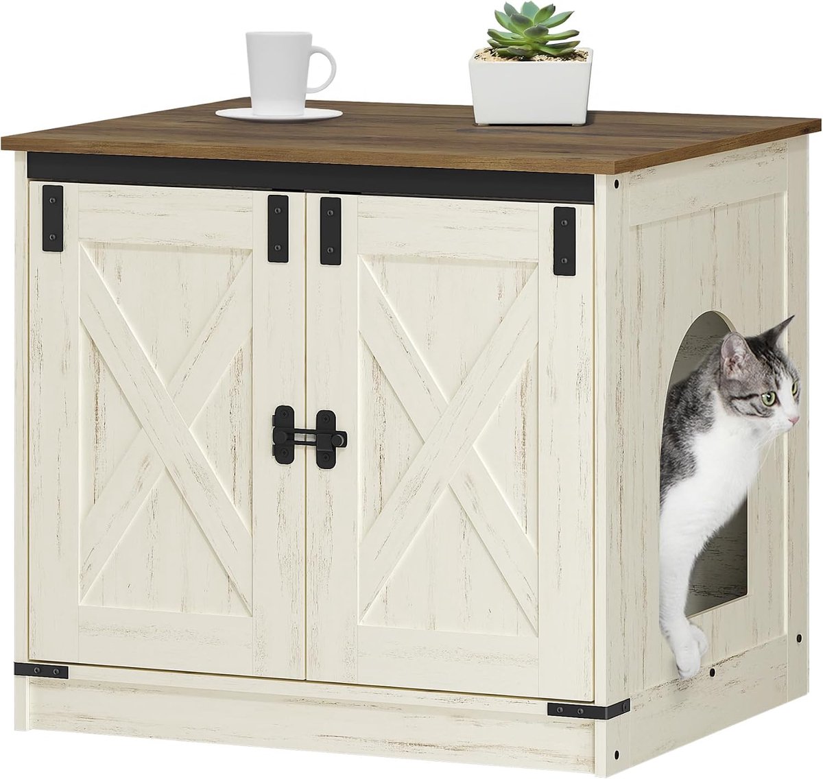 Hzuaneri Katzenklo Schrank, 60 cm Katzenschrank, Katzenhaus, Braun-Weiß, Katzentoilette mit Herausnehmbarer Trennwand, Umkehrbarer Eingang Links oder Rechts, als Sideboard, 60 x 50 x 54 cm