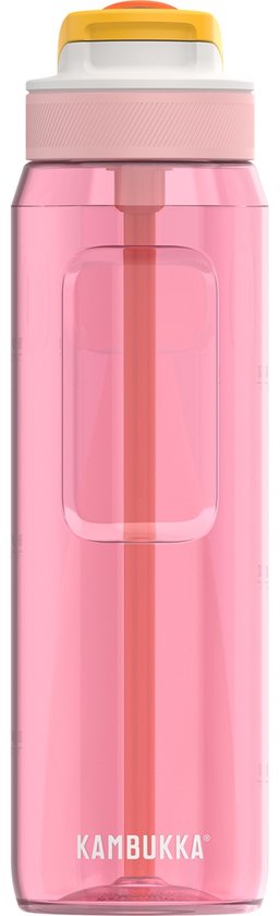 Bouteille d'eau Kambukka Lagoon de 1L, couleur Sunny Melon rose, avec paille intégrée et un capuchon jaune et blanc.