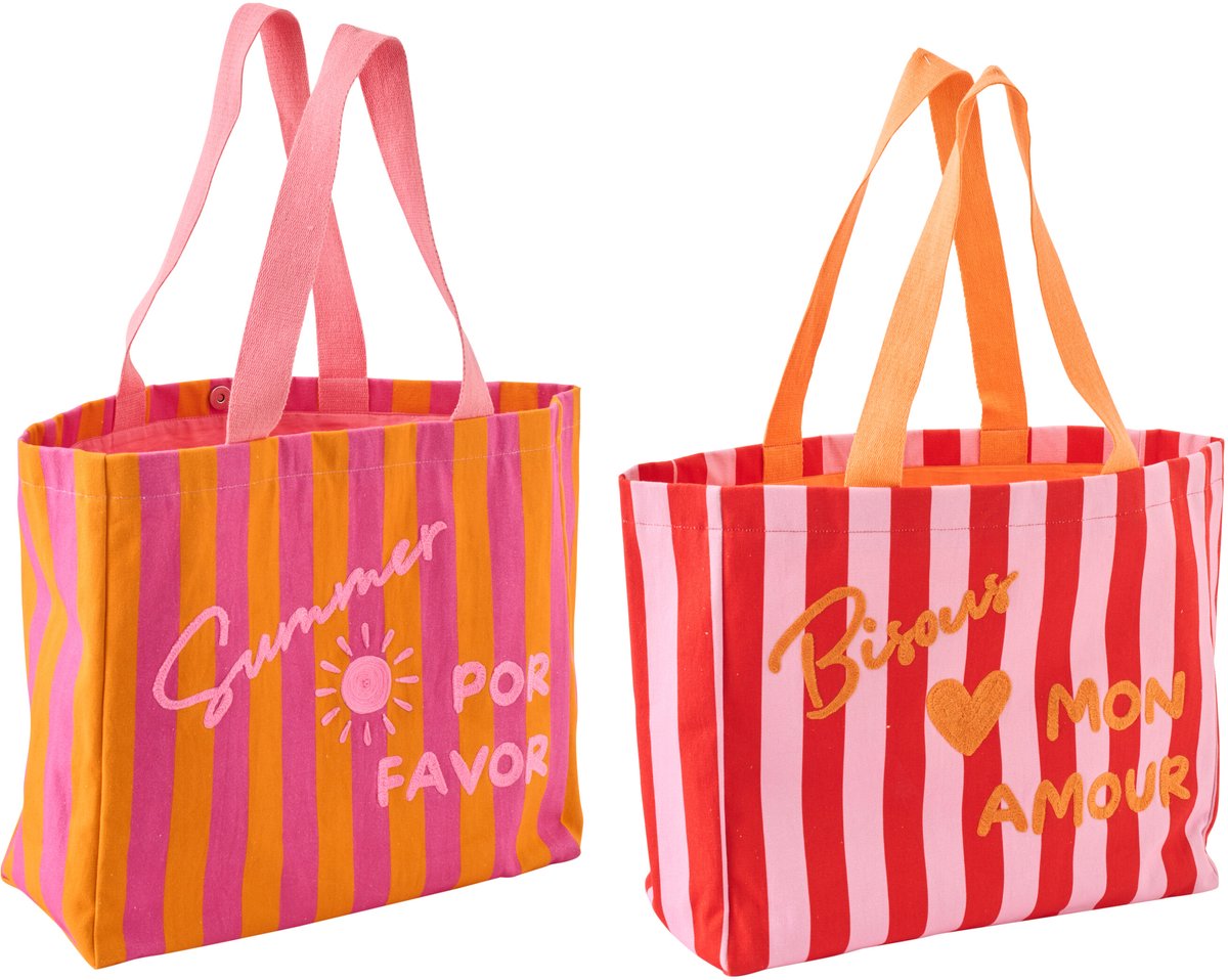 J-Line strandtas Summer + Bisous Gestreept - katoen - mix - set van 2