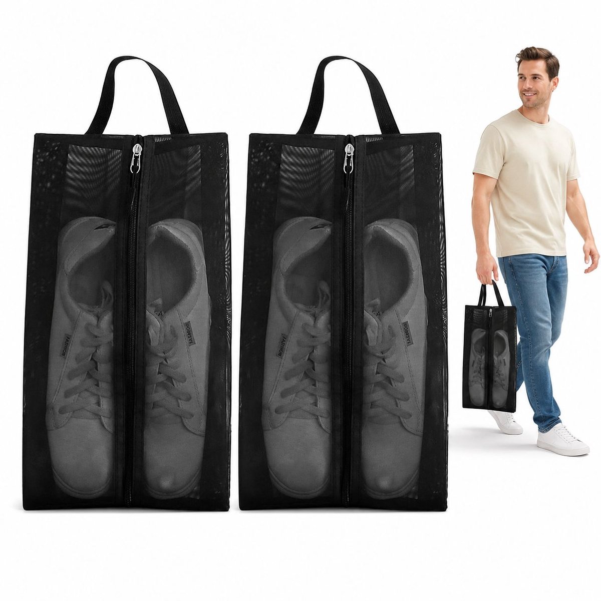 VHV - Schoenentas voor reizen - Set van 2 waterafstotende schoenentassen 40 x 22 x 8 cm - Zwart - Tot schoenmaat 42