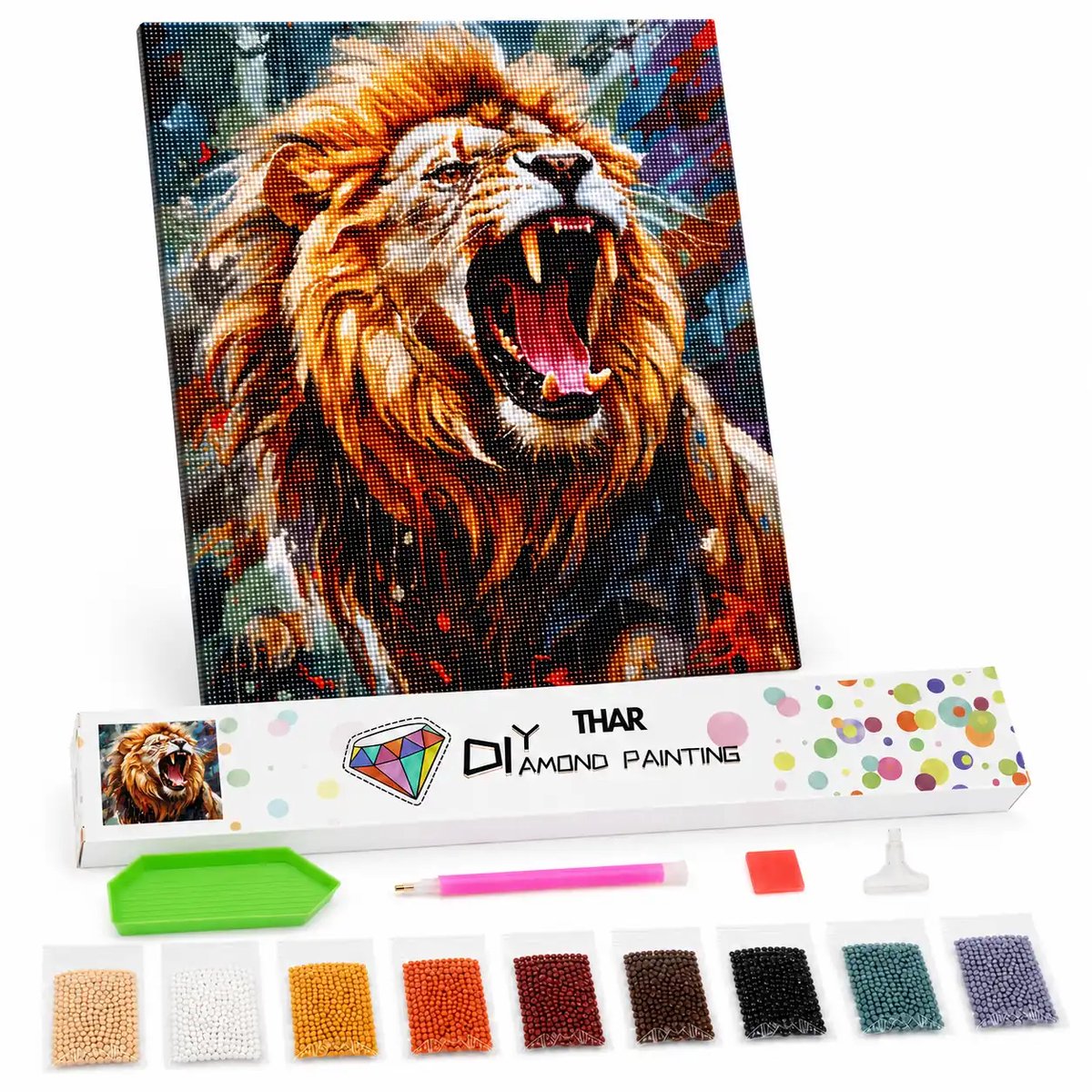THAR Diamond Painting Brullende Leeuw - 40x50 cm - Ronde Steentjes