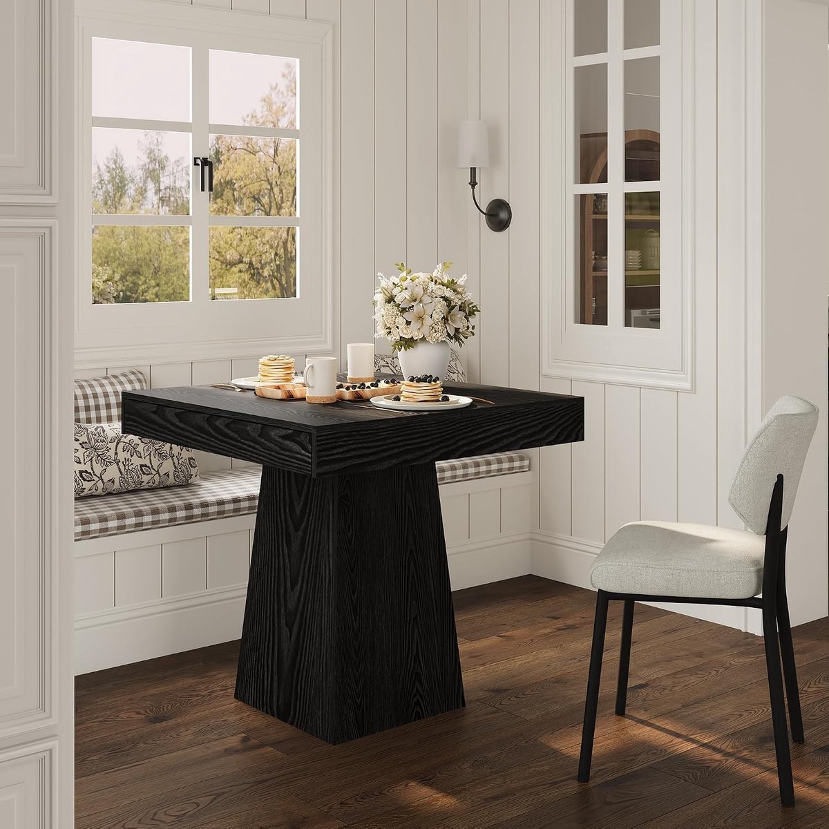 Vierkante eettafel voor 4 personen 80 x 75 cm, zwart boerderijstijl, compacte keukentafel met 2 opberglades, voetstuk, ruimtebesparend voor keuken, eetkamer en woonkamer