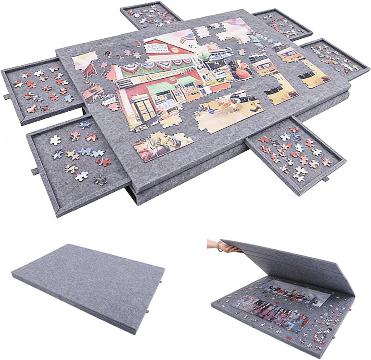 Puzzeltafel met lade - Grijs - 52 x 77 cm - Lichtgewicht Vilt met 2-in-1 Standaard en Afdekking - Voor Puzzelliefhebbers