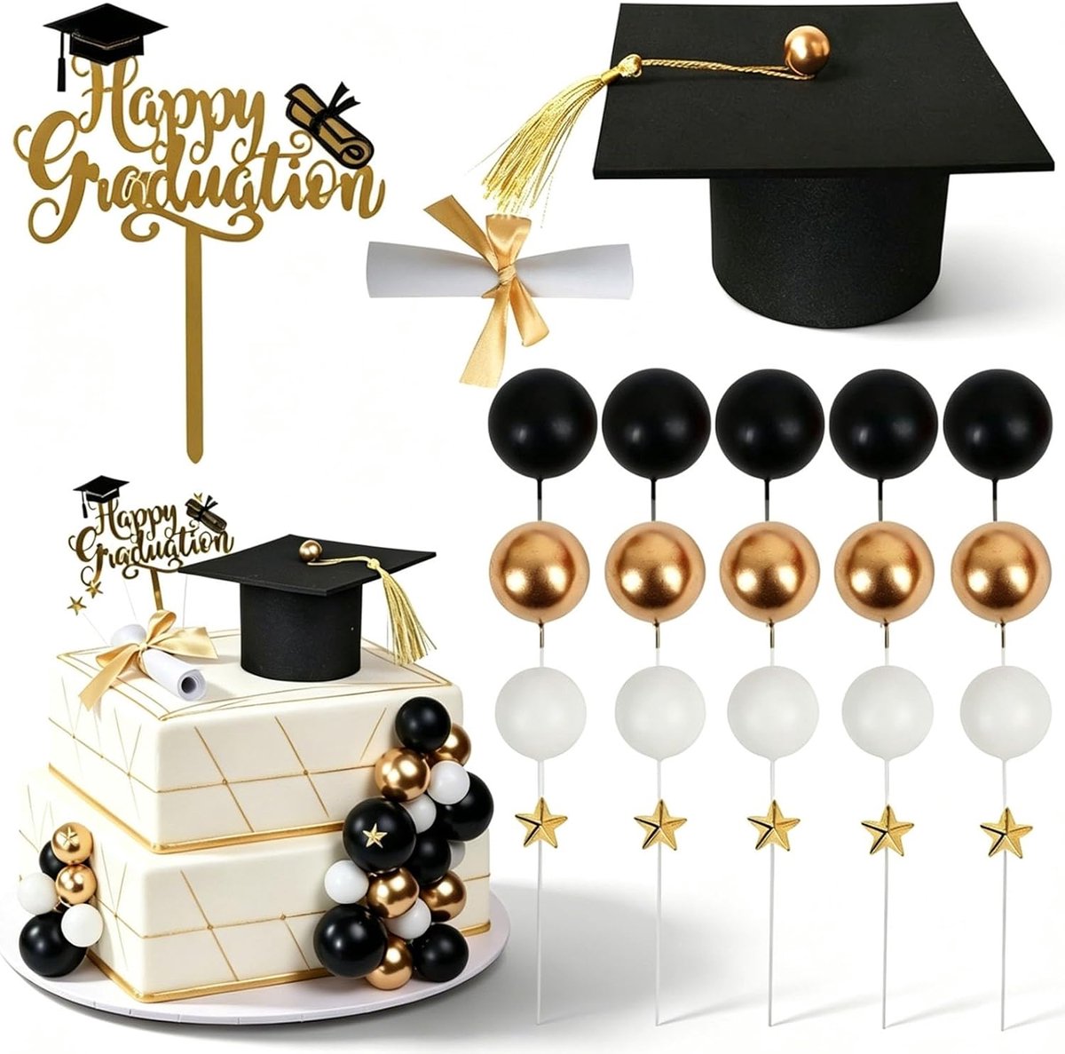 SnelShoppen - Afstudeertaartversiering 23-delige set decoratie voor afstudeertaarten en cupcakes, inclusief zwarte afstudeerhoed, voedselveilig en her