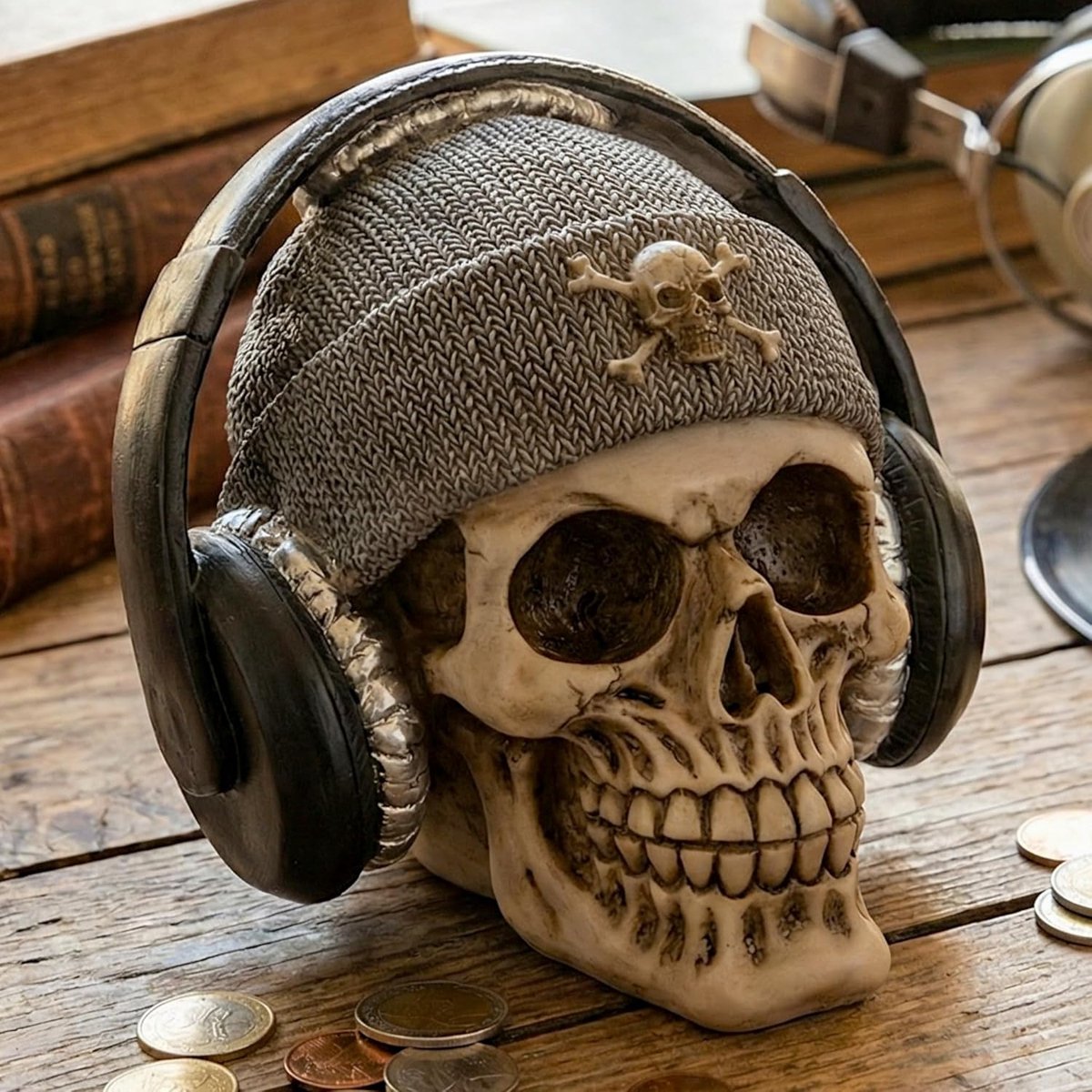 SnelShoppen - Handgeschilderde Skull Spaarpot van Polyhars met Veiligheidslock, Stijlvolle Opbergoplossing voor Besparingen, Inclusief Beanie en Kopte