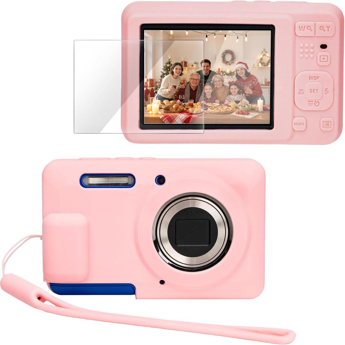 SnelShoppen - Silicone Hoes voor Kodak PIXPRO FZ55 Digitale Camera, Beschermende Cover met Glazen Schermbeschermer en Polsbandje - Lichtgewicht, Roze,