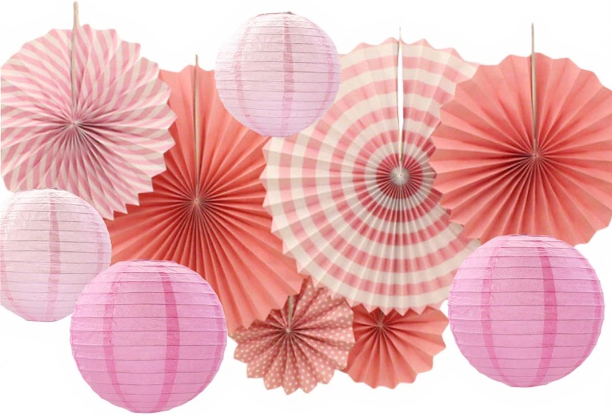 SnelShoppen - Set van 10 Papieren Lantaarns en Pompom Bloemen in Roze - Boho Decoratie voor Verjaardagen, Trouwen, Tuinfeesten en Meer