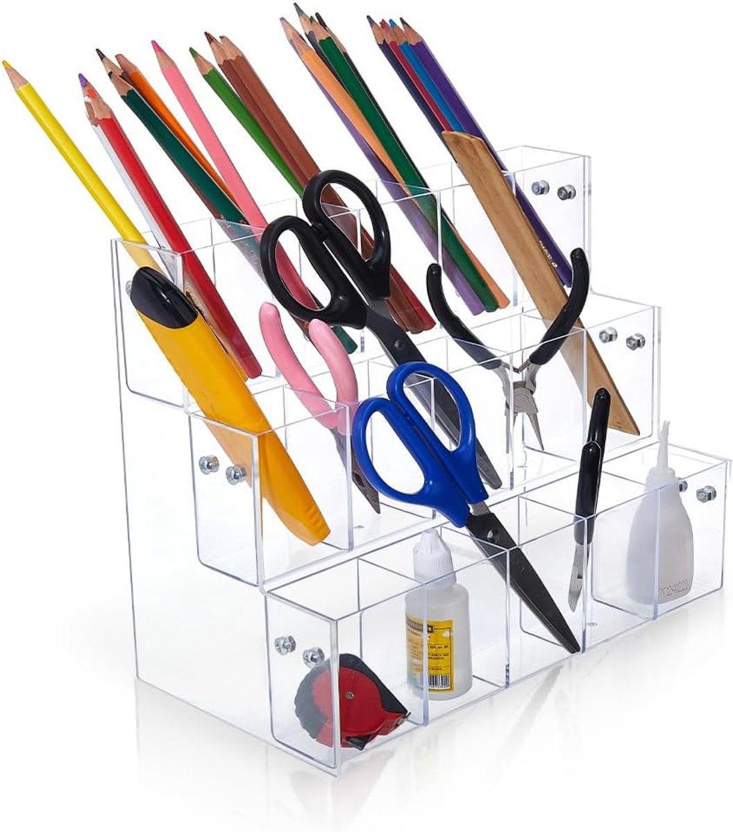 SnelShoppen - 3-Tier Plastic Pen Houder Potlood Organizer met 15 Compartimenten - Grote Capaciteit Make-up Borstel Organizer voor Thuiskantoor, School