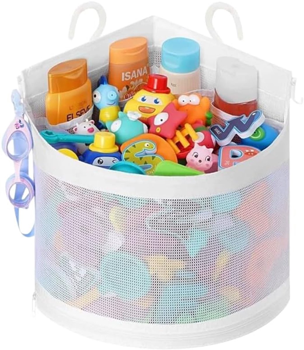 SnelShoppen - Hoek Monteerbare Bad Speelgoed Opbergnet - 4 Vakken Snelle Toegang Mesh Organizer met Haken, Sneldrogende Badkameropslag voor Kinder Spe