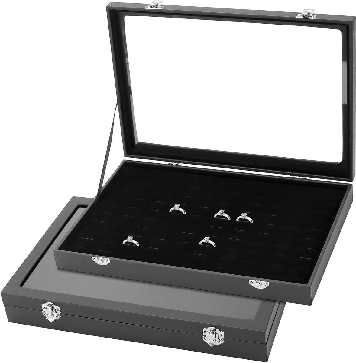 SnelShoppen - 2 Stuks Ringdoos, Ringopbergdoos met Duidelijke Deksel, Fluwelen Sieraaddoos, Sieraaddisplay Tray voor Winkel Showcase en Thuisorganisat