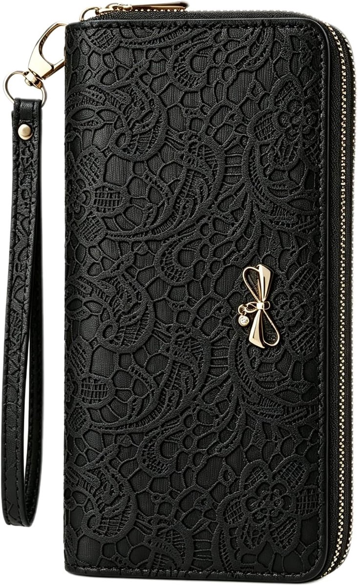 SnelShoppen - Dames PU Leren Portemonnee Bloemtextuur Grote Capaciteit met Multi Kaart Slots voor Telefoon en Munten, Zwart, Modern