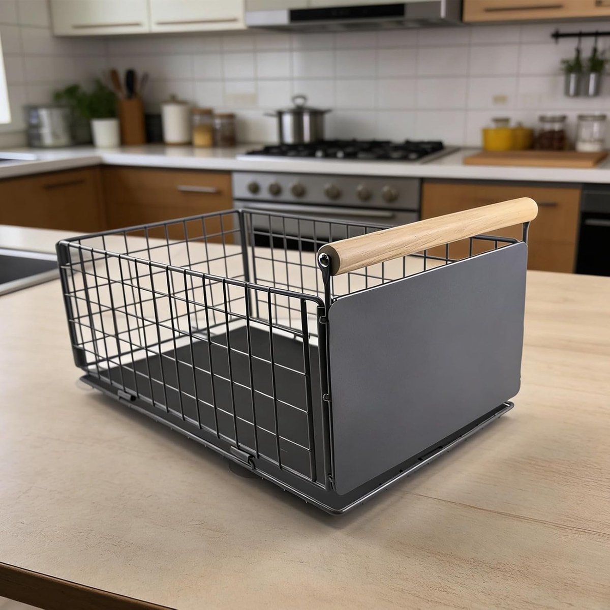 SnelShoppen - Uittrekbare Keuken Organizer met Handvat, Geen Bore, Verstelbaar en Vouwbaar, Opbergrek voor Keukenladen met Nano Hechtband en Mesh Mand