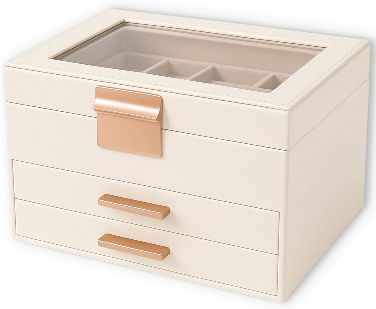 Jewelry Box with Transparent Lid, Jewelry Box with 3 Levels and 2 Drawers, Jewelry Storage Modern, White, 23 x 20.3 x - ShopVlot