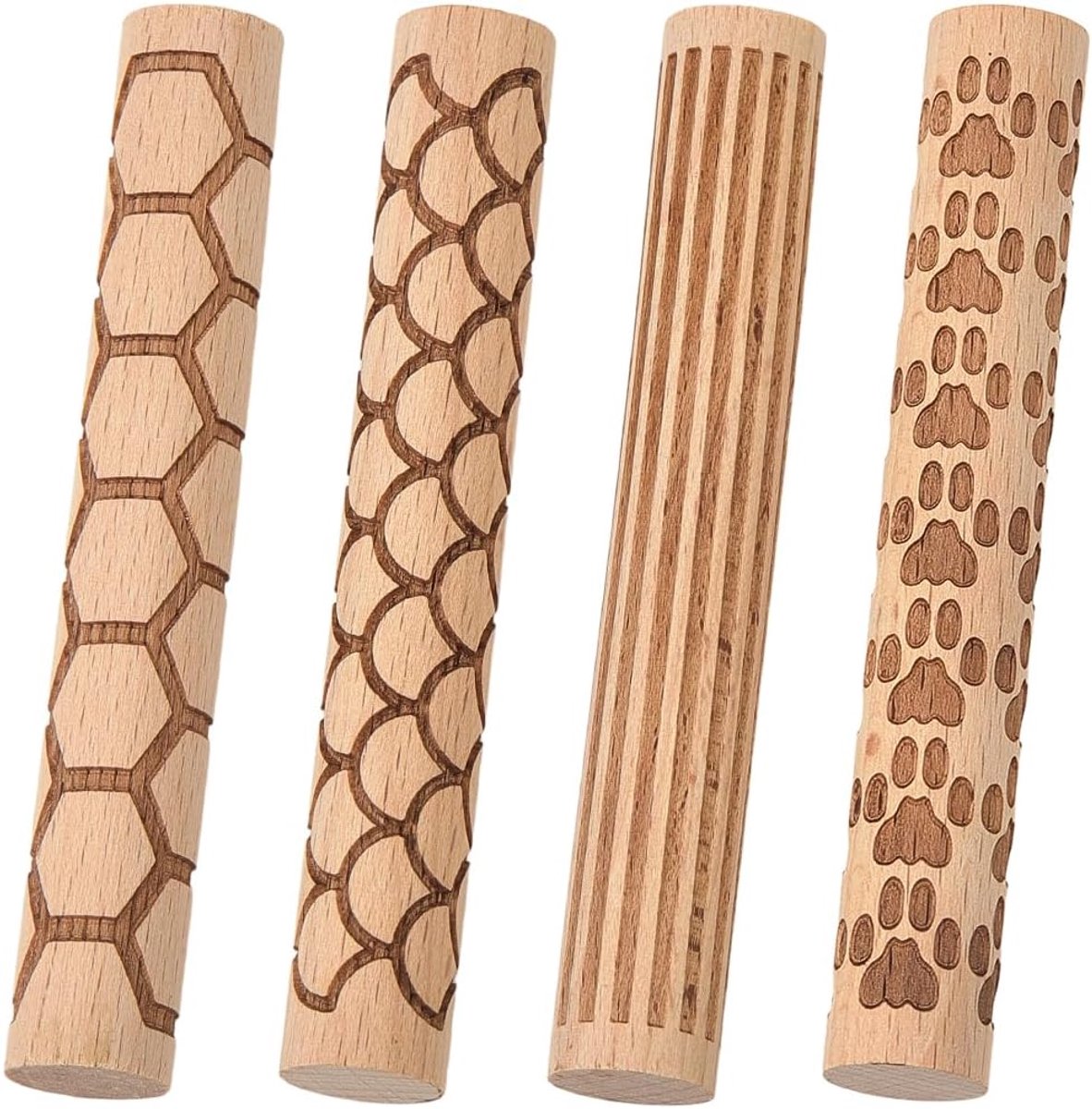 SnelShoppen - 4 Stuks Houten Klei Textuur Rollers Pottenbakker Gereedschap - Sectie, Rechte Lijn, Hexagonaal Patroon - Textuur Rollers voor Keramiek,