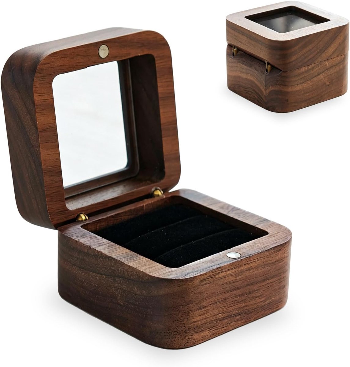 SnelShoppen - Walnoot Houten Ringdoos met Zachte Velours Binnenkant voor Oorbellen en Sieraden - Houten Presentatiedoos voor Aanzoek, Verloving, Bruil