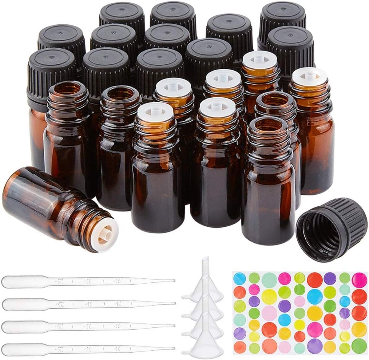 SnelShoppen - 24 Stuks 5ml Amber Glazen Flessen met Navulbare Essentiële Olie Fles met Opening Reducer, 10 Pipetten, 4 Trechters en 1 Vel Etiketten -