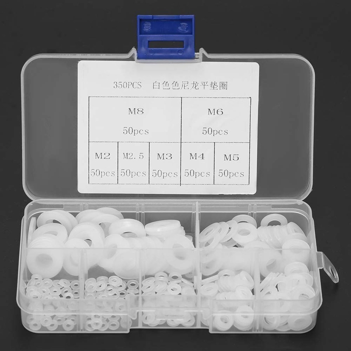SnelShoppen - White Nylon Ringen 350pcs Plat Rond Wasmachine Sealing Kit M2 M2.5 M3 M4 M5 M6 M8 Assortiment Doos met Opbergdoos ORingen Witte Nylon Se