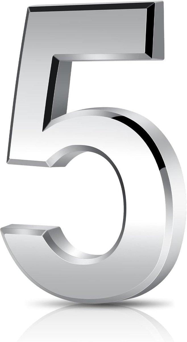 SnelShoppen - Huisnummer 5 in Zilver Acryl, Hoogte 7.5 Cm, Zelfklevend Huisnummer voor Deur, Postbus, Buiten, Weerbestendig, Anti-diefstal, Duurzaam M