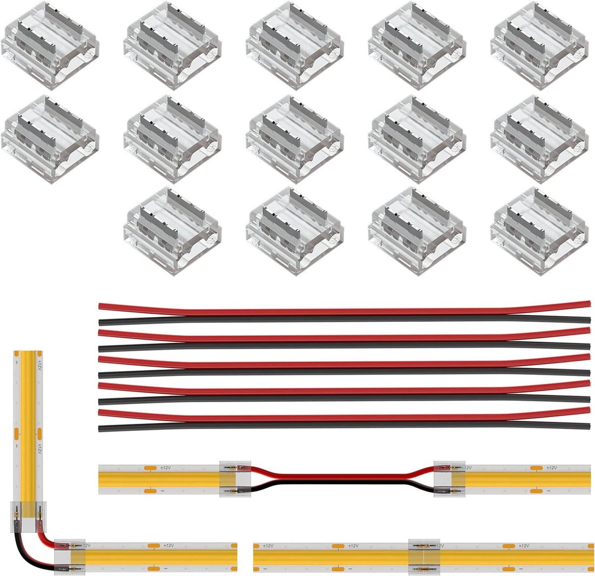 SnelShoppen - FCOB LED Strip Connector Kit 14-delig met Transparante Aansluitingen en 15cm 20AWG Verlengkabels - Perfect voor naadloze Verbindingsoplo